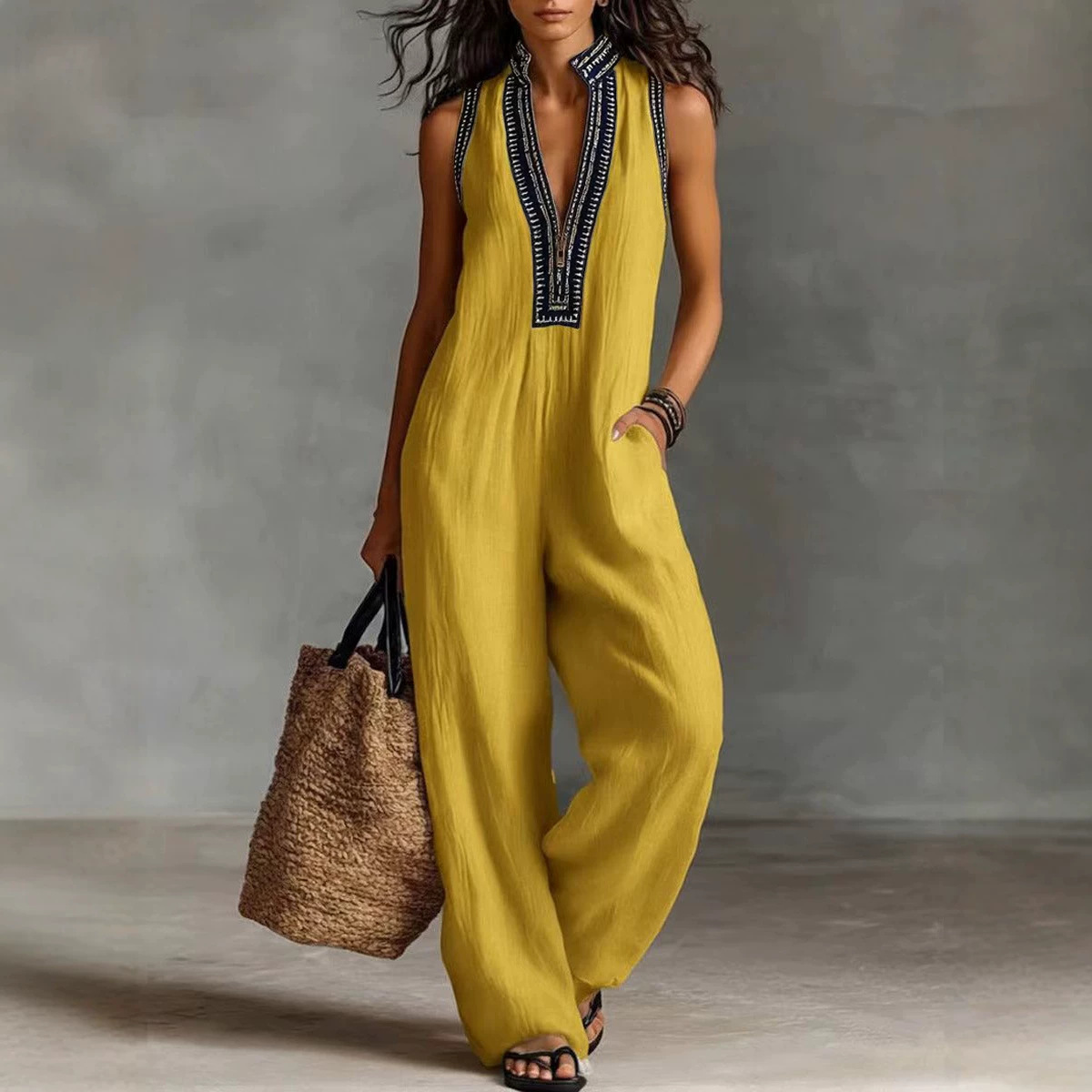 Women's Sleeveless Jumpsuit with Zip and Stand Collar