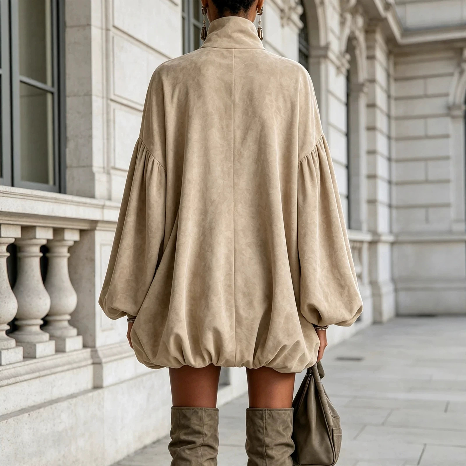 Khaki High Neck Lantern Sleeve Pocket Bubble Hem Mini Dress