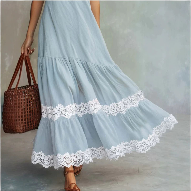 Bohemian Lace Trim Light Blue Cotton-Linen Long Dress