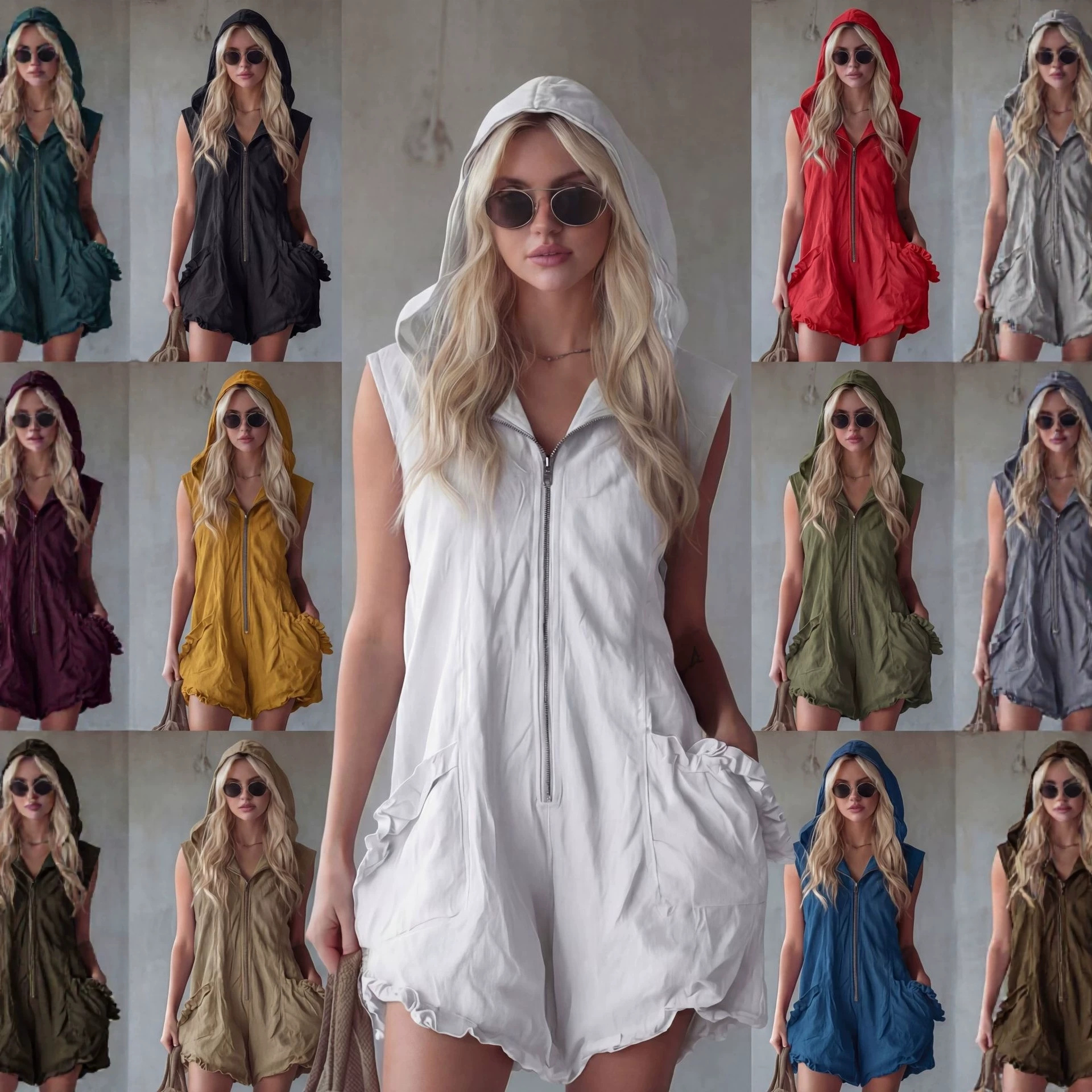 Women's Retro Hooded Zip Sleeveless Faux Linen Jumpsuit
