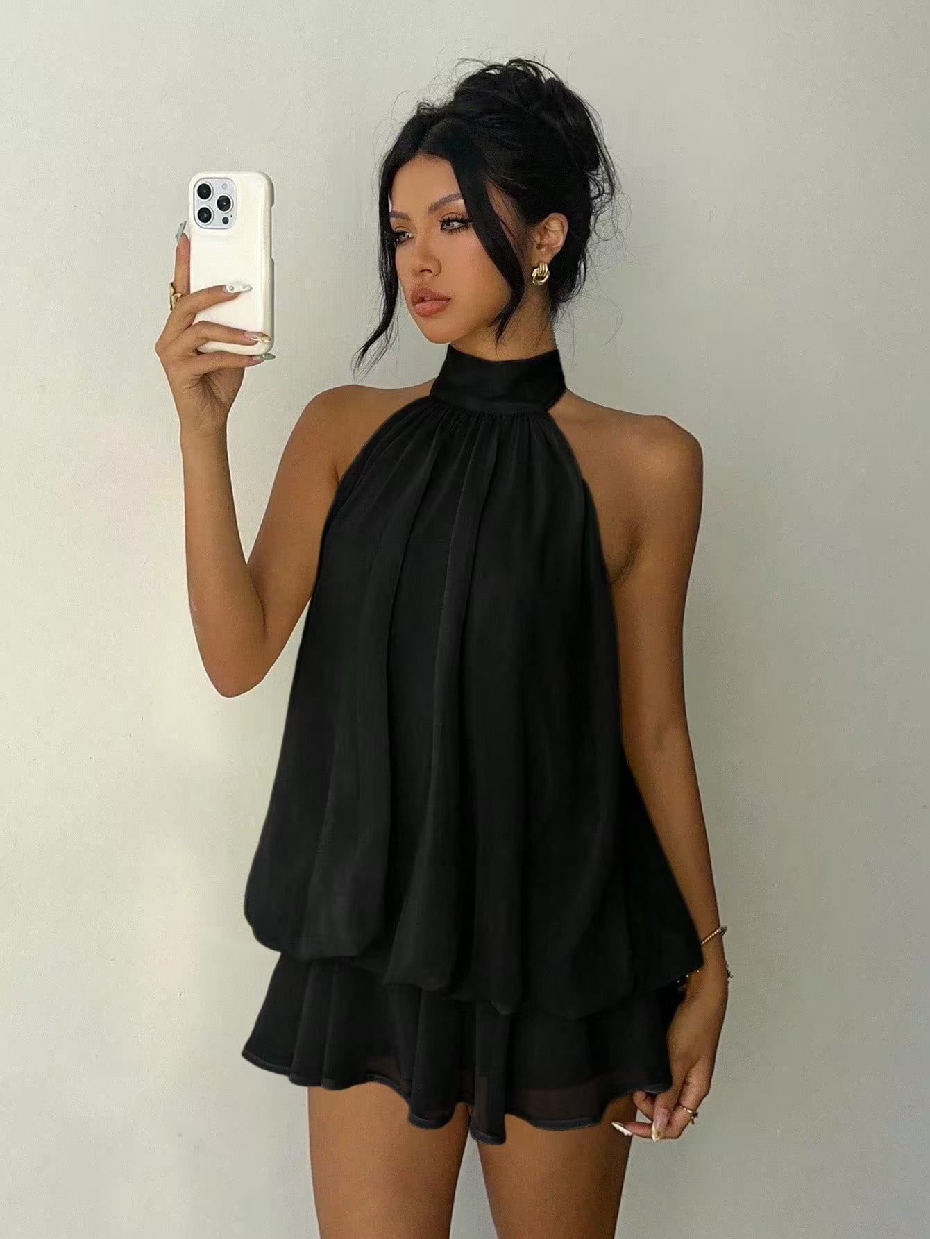 Solid Halter Neck Open Back Fitted Top Puff Skirt Mini Dress