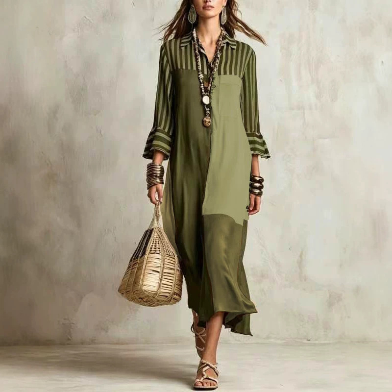 Striped Color-Block Shirt Dress with Three-Quarter Sleeves