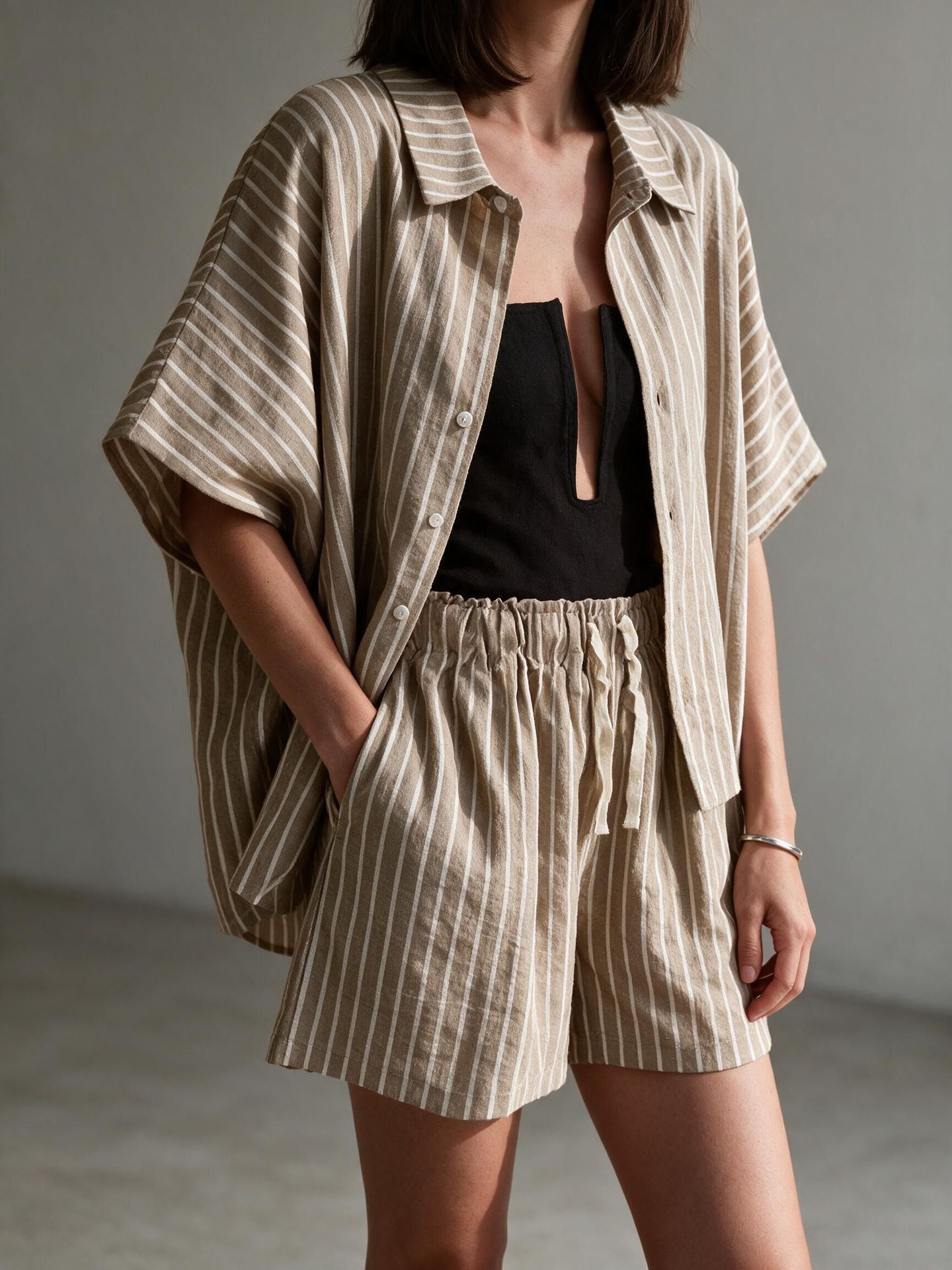 Striped Short Sleeve Shirt and Pocket Shorts Casual Two-Piece Set