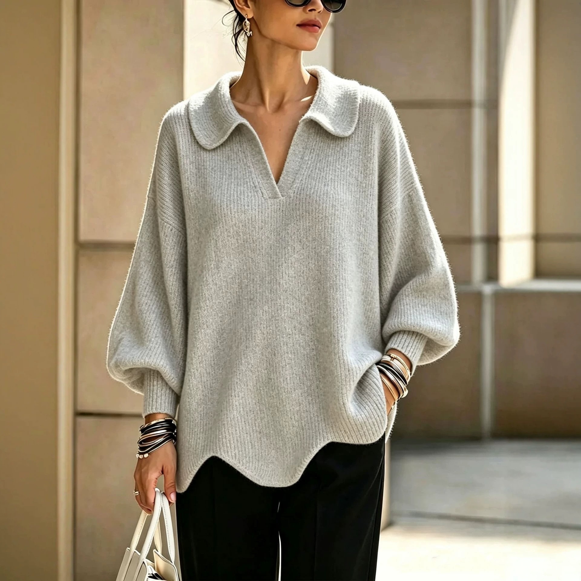 Women's V-Neck Lantern Sleeve Solid Knit Sweater Loose Relaxed Fit