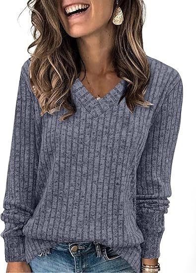 Women's Ribbed Knit V-Neck Long Sleeve Top