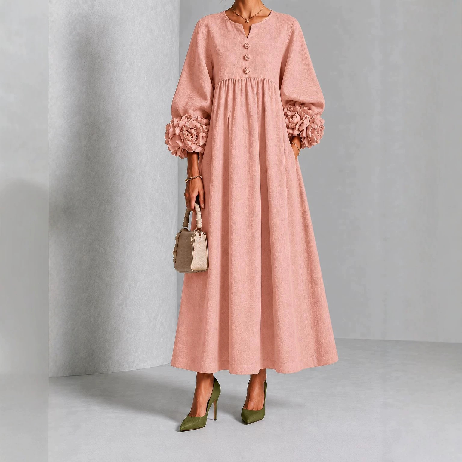 Women's Light Luxury Solid Color Dress with Floral Lantern Sleeves, V-Neck, High Waist, Pleated A-Line Long