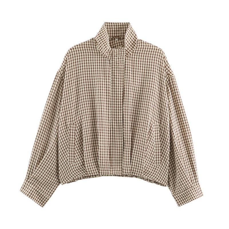Women's Casual Plaid Zip-Up Jacket with Stand Collar and Long Sleeves