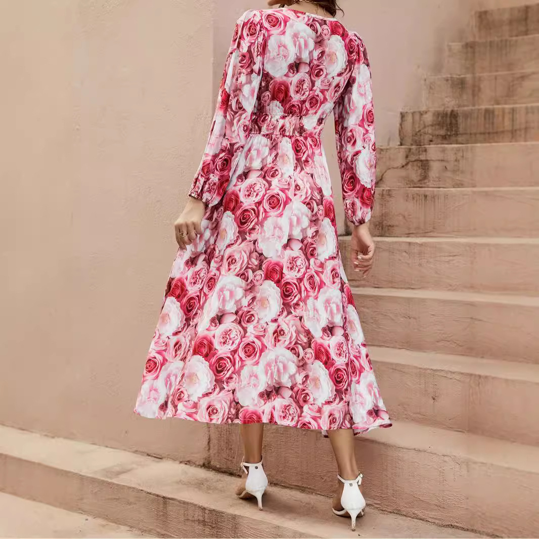 Women's Digital Print Deep V Corset Lantern Sleeve Long Dress