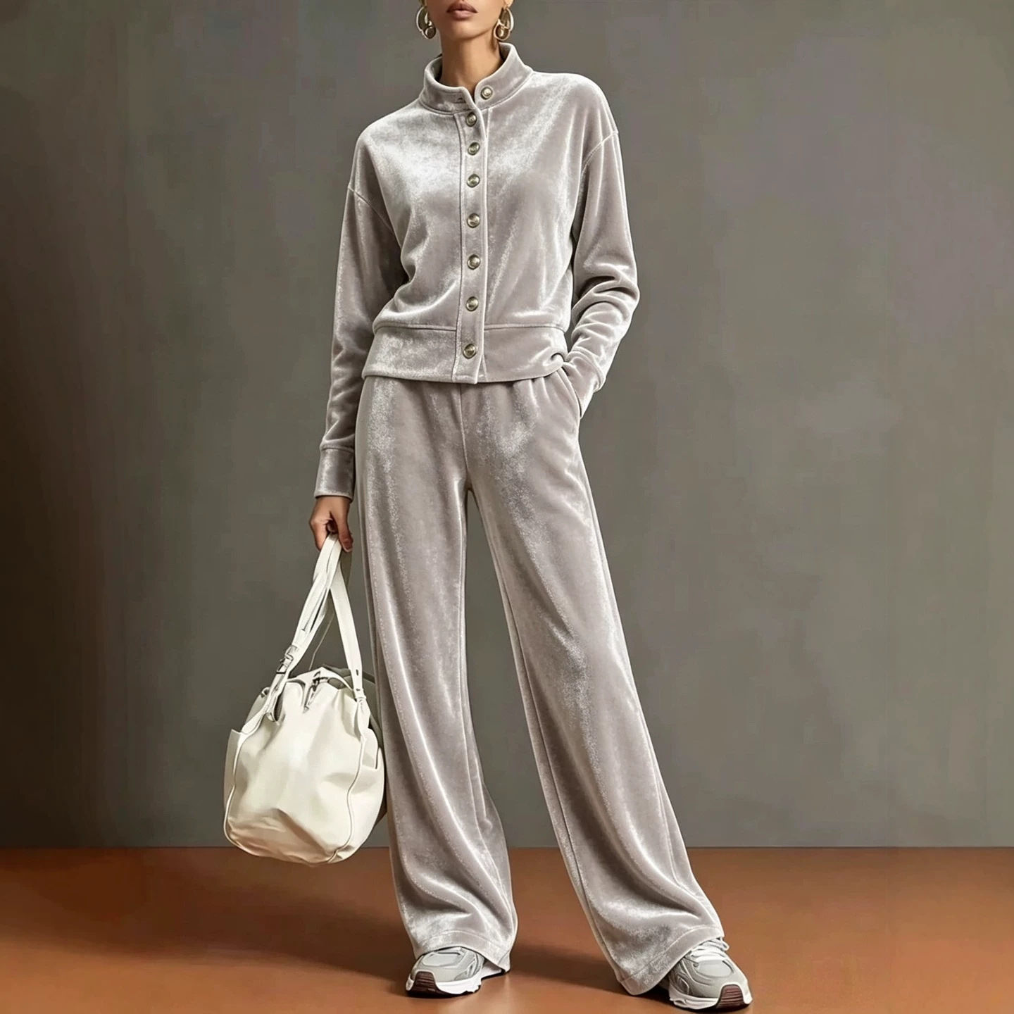 Women's Velvet Stand-Collar Cardigan Hoodie & Wide-Leg Pants Set
