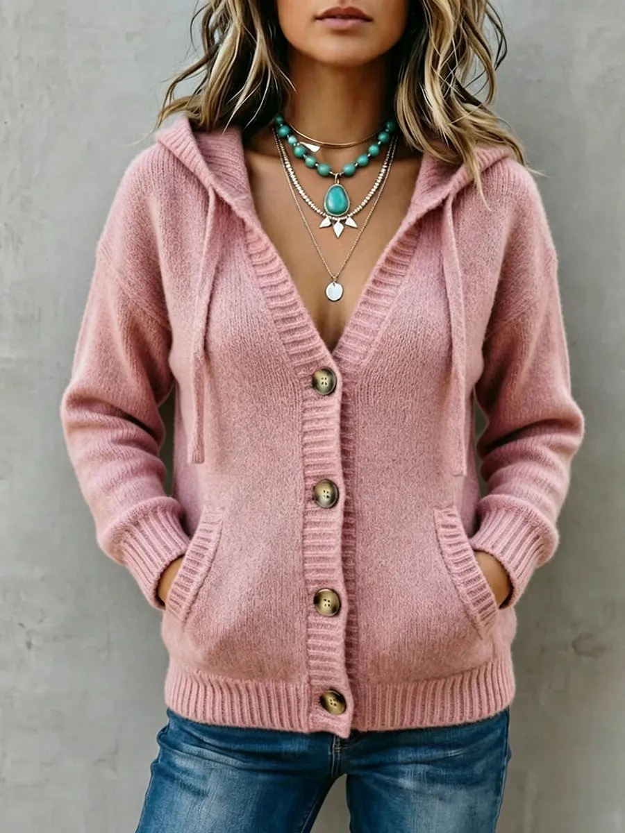 Women's Button Hooded Knit Cardigan Sweater