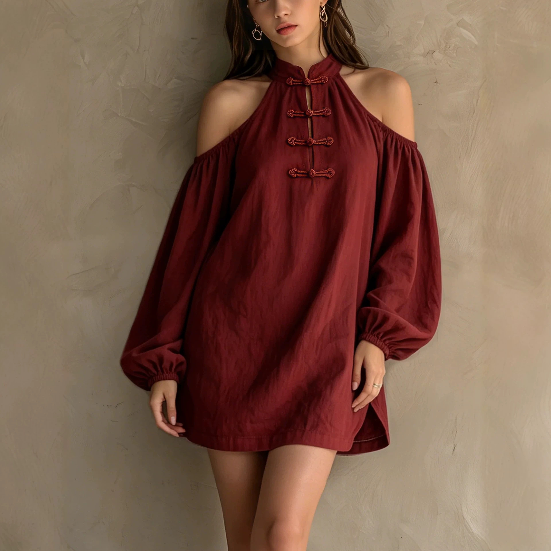 Off-Shoulder Retro Long-Sleeve Solid Color Loose Casual Dress