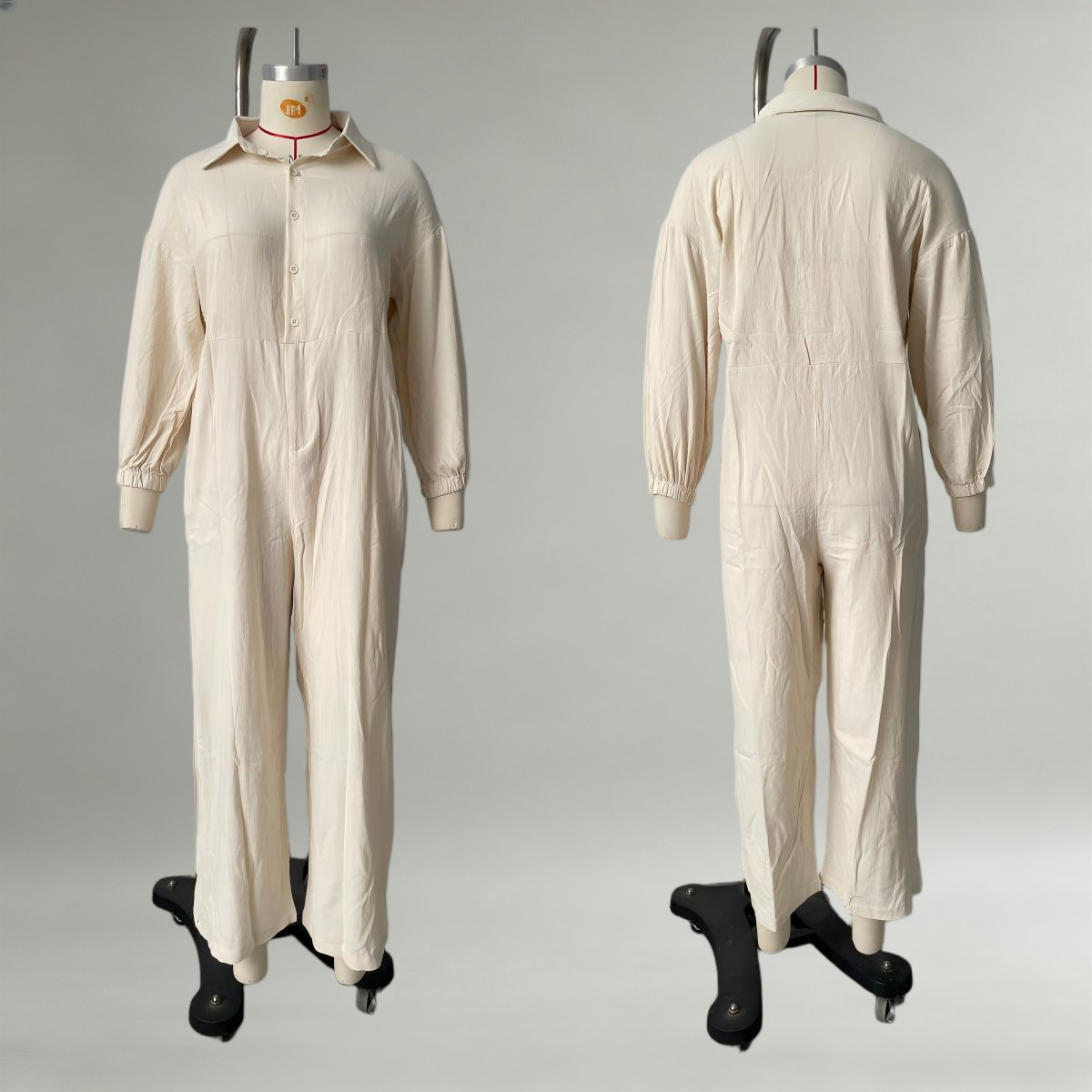 Women's V-Neck Button Long Sleeve Solid Color Jumpsuit with Pockets
