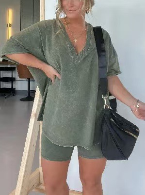 V-Neck Faux Denim Two-Piece Set with Short Sleeve Tee and High-Waist Shorts