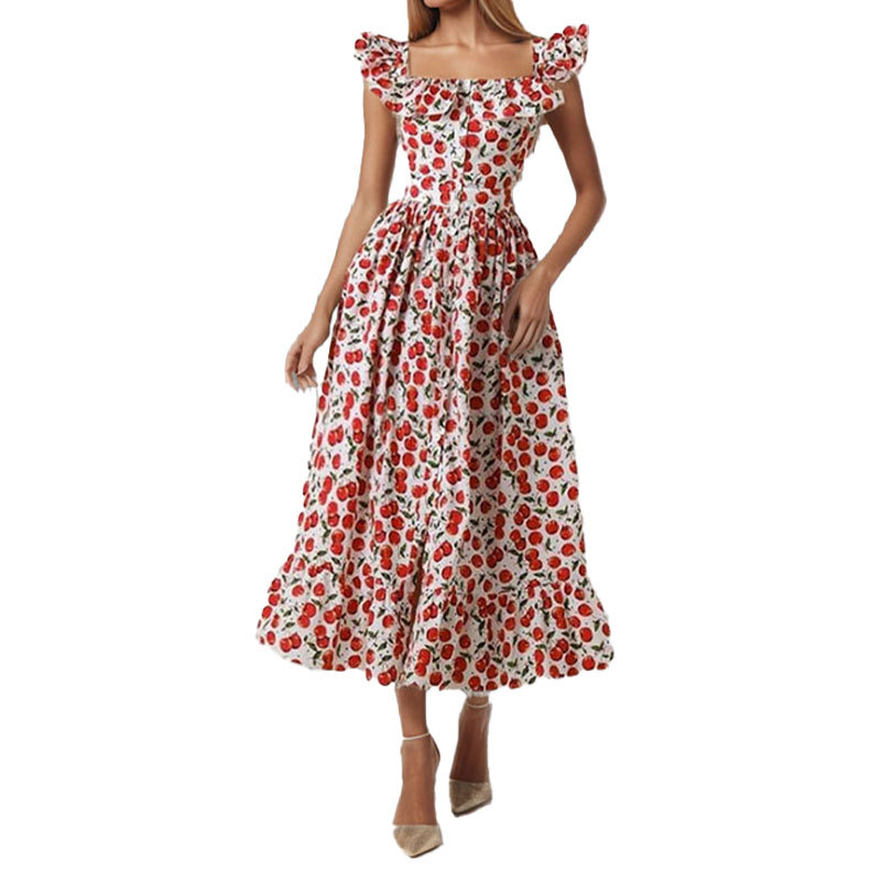 Women's Floral Print Ruffle Trim Square Neck Dress