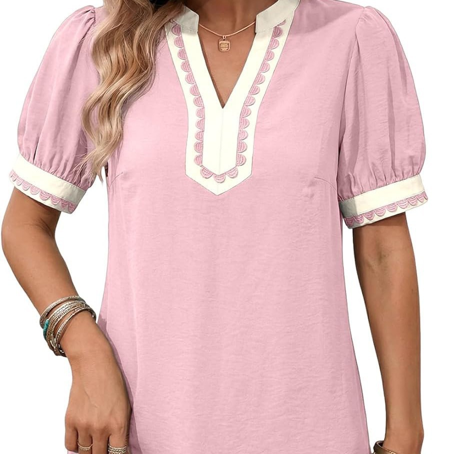 Color-Block Short Sleeve Half-Open V-Neck Straight Vacation Dress