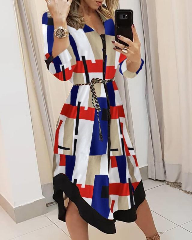 Plaid Print V-Neck Midi Dress with Tie Belt and Three-Quarter Sleeves