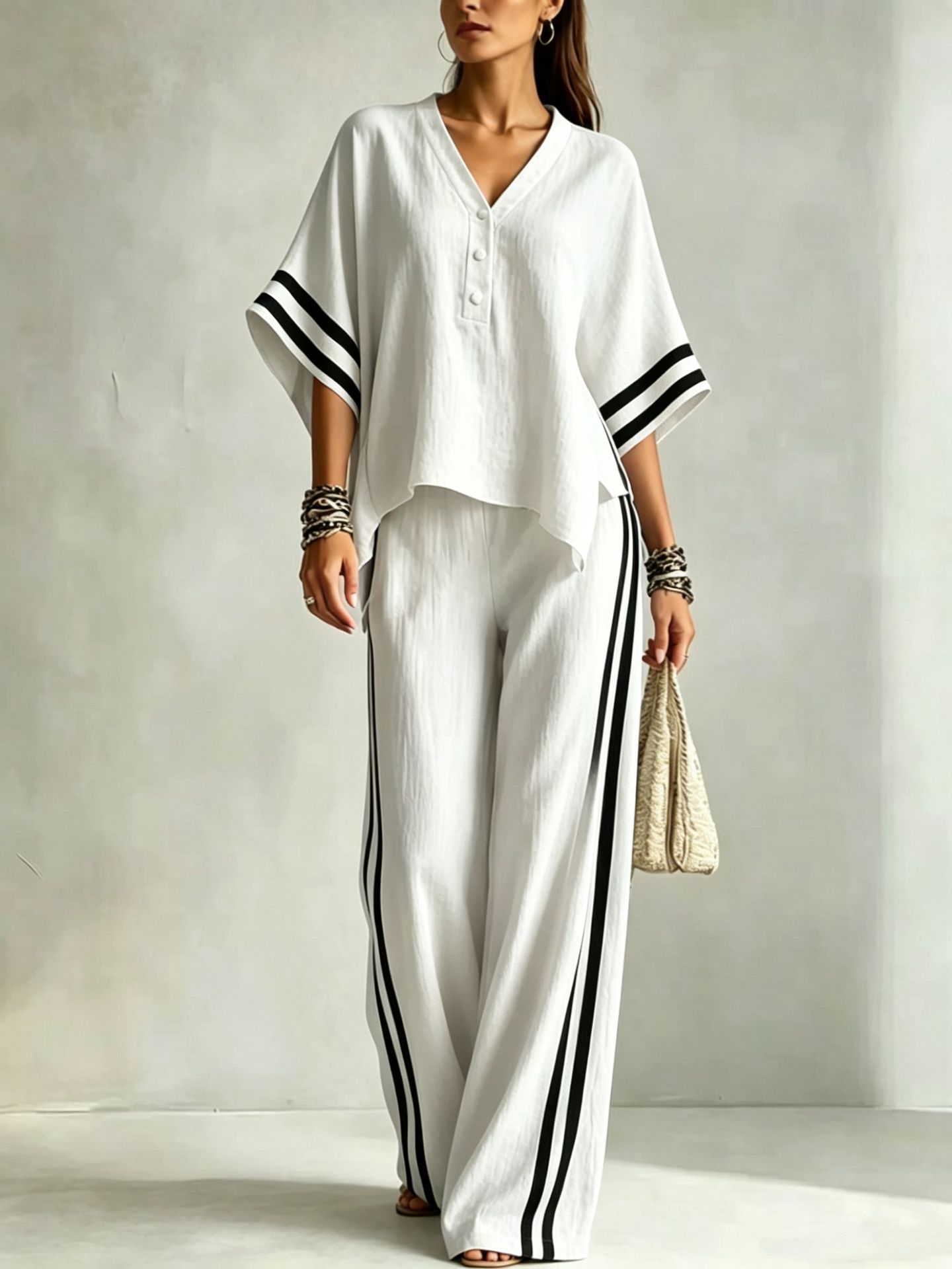 Women's V-Neck Short-Sleeve Top & Loose Pants Two-Piece Set