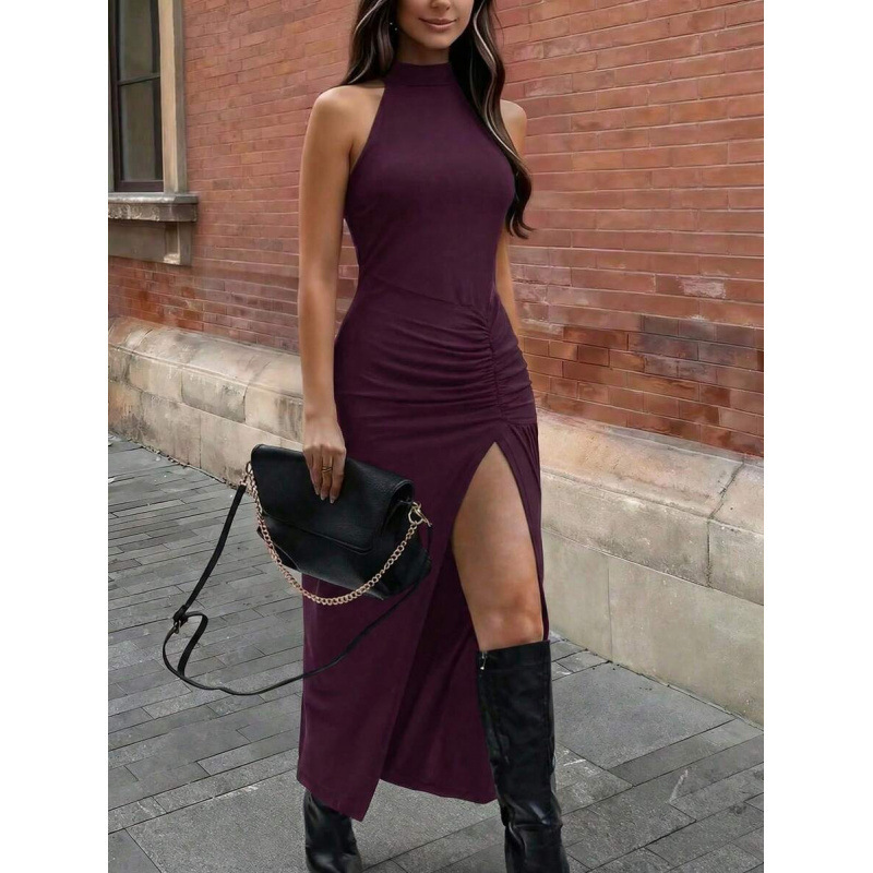 Sleeveless Bodycon Midi Dress with Slit and Ruched Details