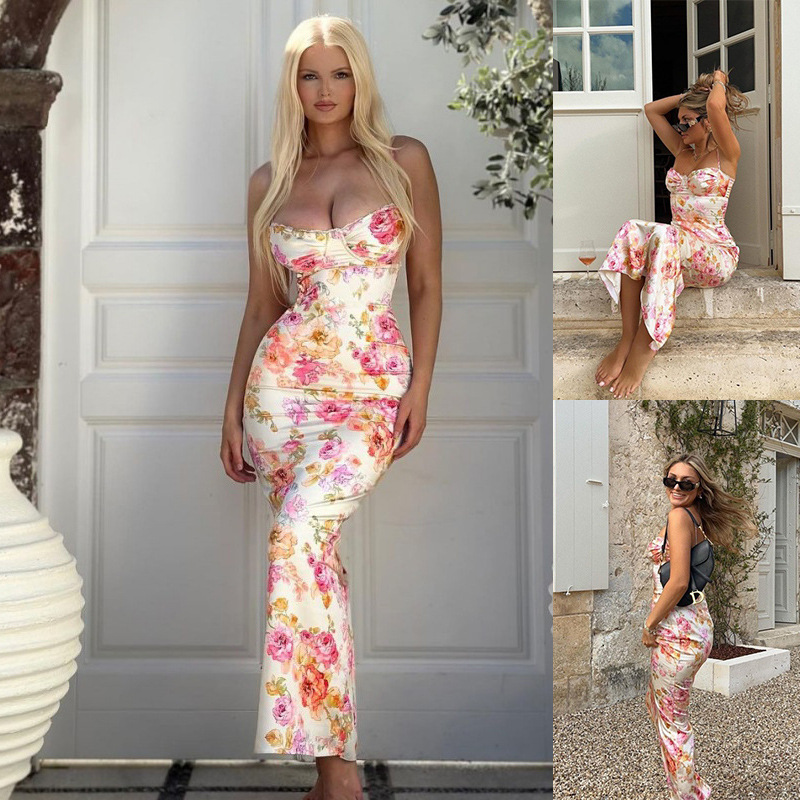 Floral Print Strapless Bodycon Backless Cami Dress