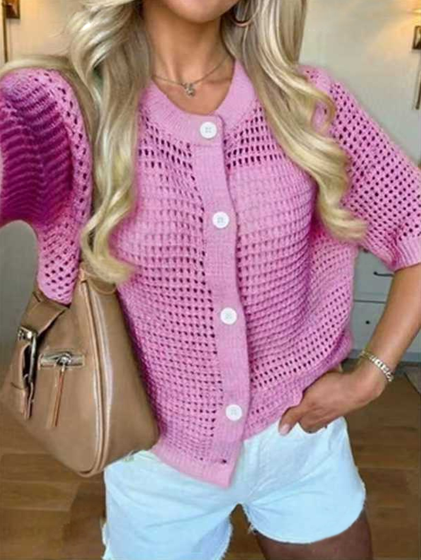 Women's French Style Crewneck Hollow Knit Short Sleeve Cardigan Sweater