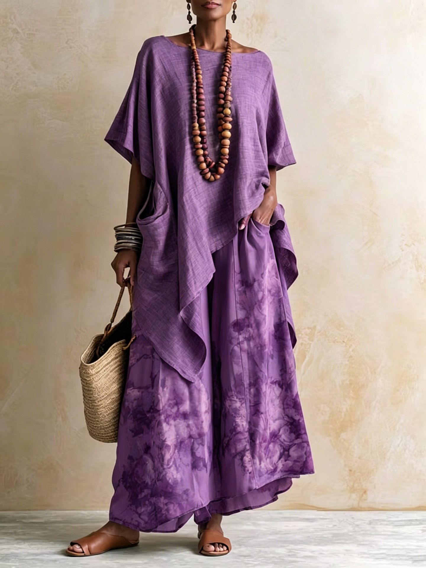 Women's Printed Linen Two-Piece Set with Loose Wide-Leg Pants
