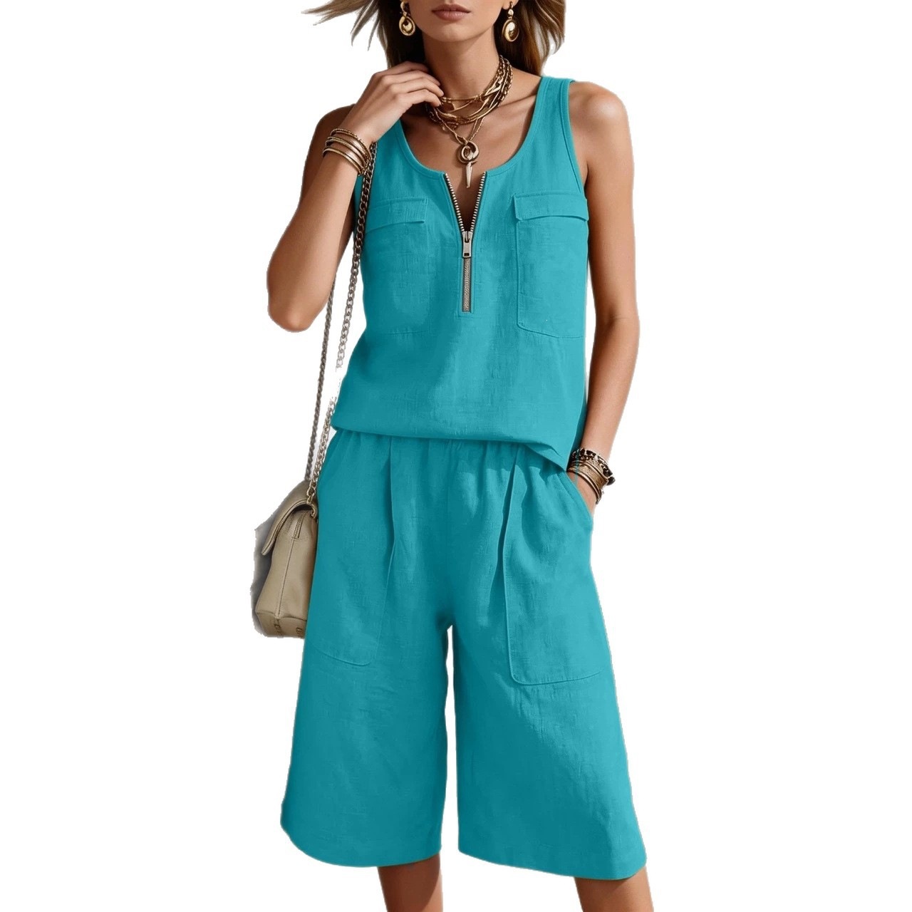 Women's Half-Zip Sleeveless Vest and Wide-Leg Capri Pants Set