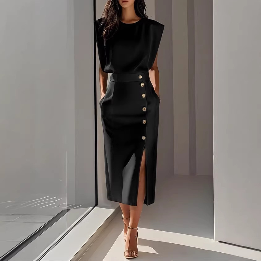 Women's Round Neck Cinched Waist Slit Metal Button Midi Dress