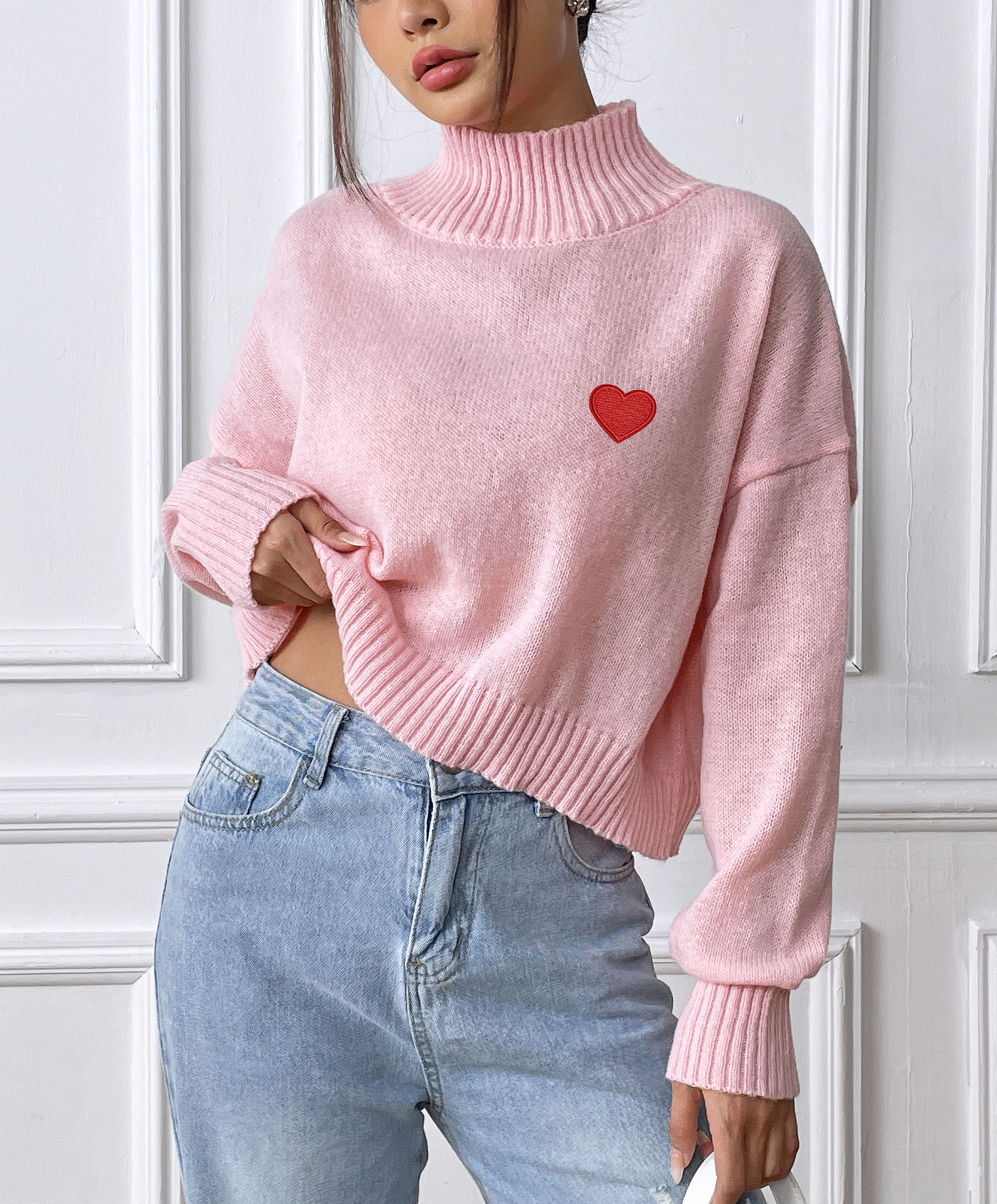 Women's Cropped Turtleneck Sweater with Heart Patch