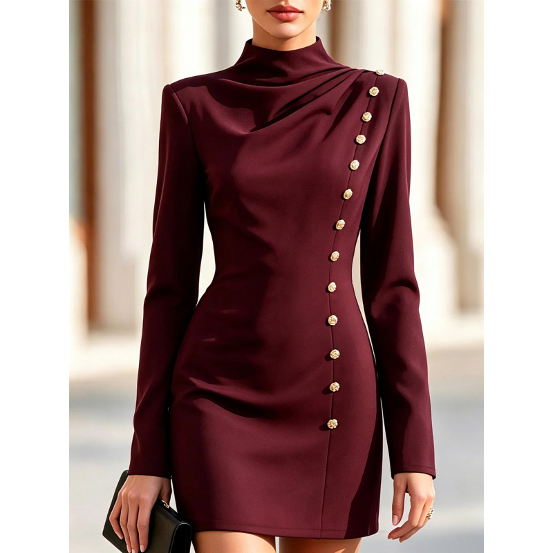 Mock Neck Ruched Bodycon Mini Dress with Metal Buttons Long Sleeve