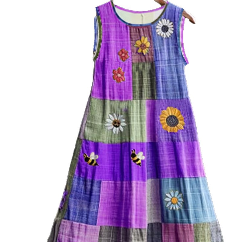Women's Vintage Floral Plaid Sleeveless Midi Dress