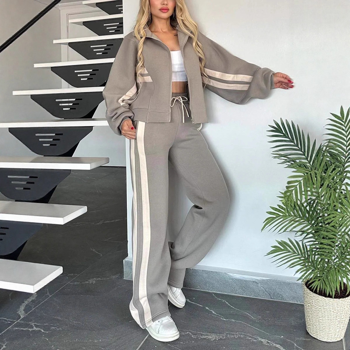Y2K Striped Zip-Up Top and Pants Casual Sport Set for Women