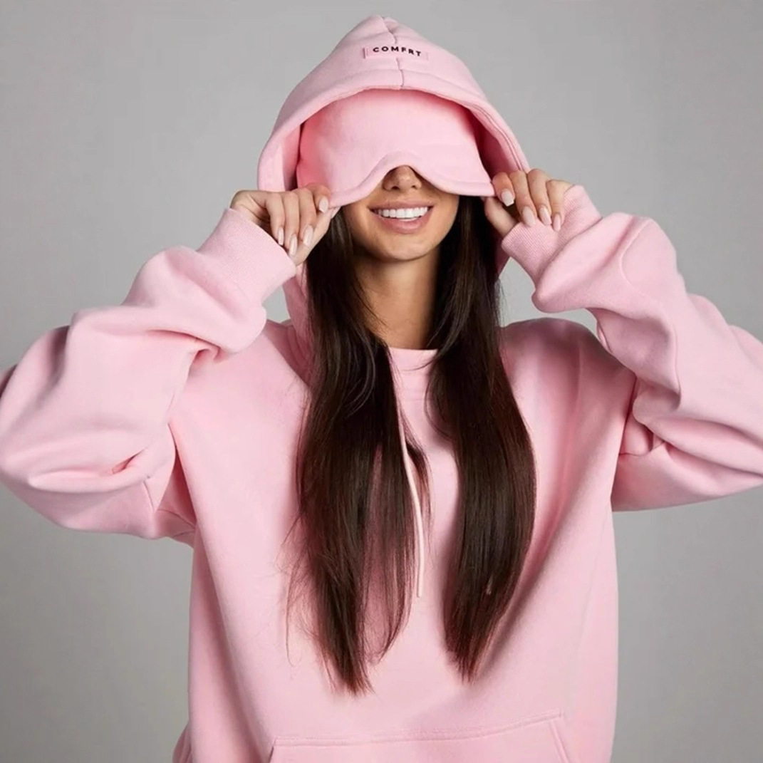 Built-in Eye Mask Hoodie Solid Color Pullover Long Sleeve Sweatshirt Set