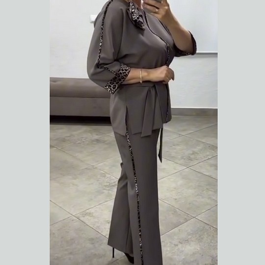 Elegant Leopard Print & Floral Patchwork Two-Piece Pants Set