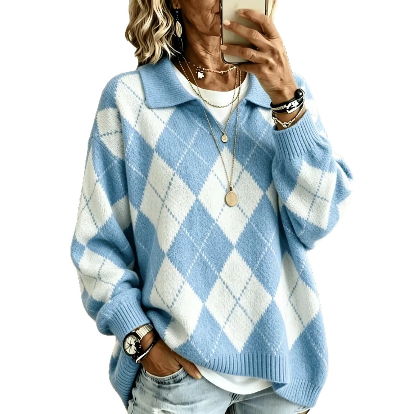 Diamond Plaid V-Neck Collared Knit Sweater