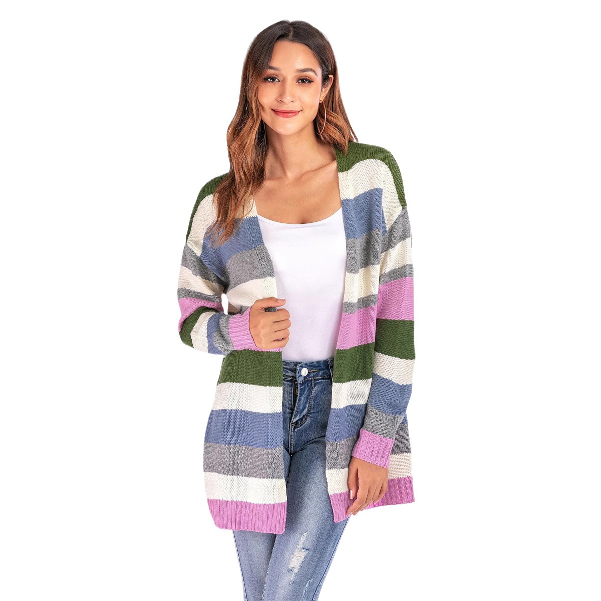 Women's Plus Size Striped Open Front Knit Cardigan Loose Batwing Sleeve
