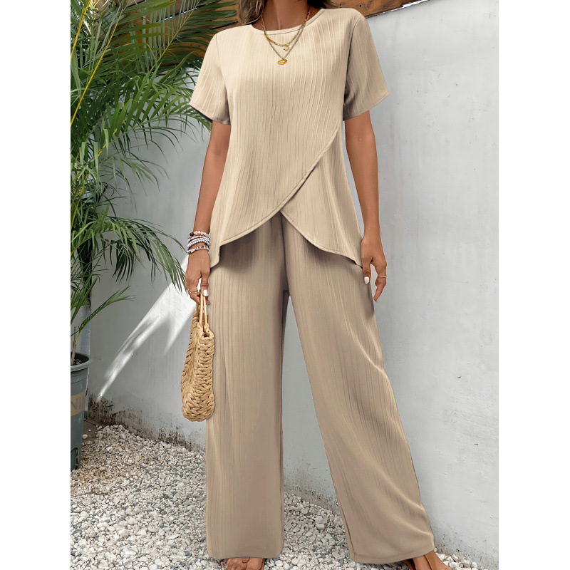 Women's Casual Cross-Front Asymmetric Top and Wide-Leg Pants Two-Piece Set