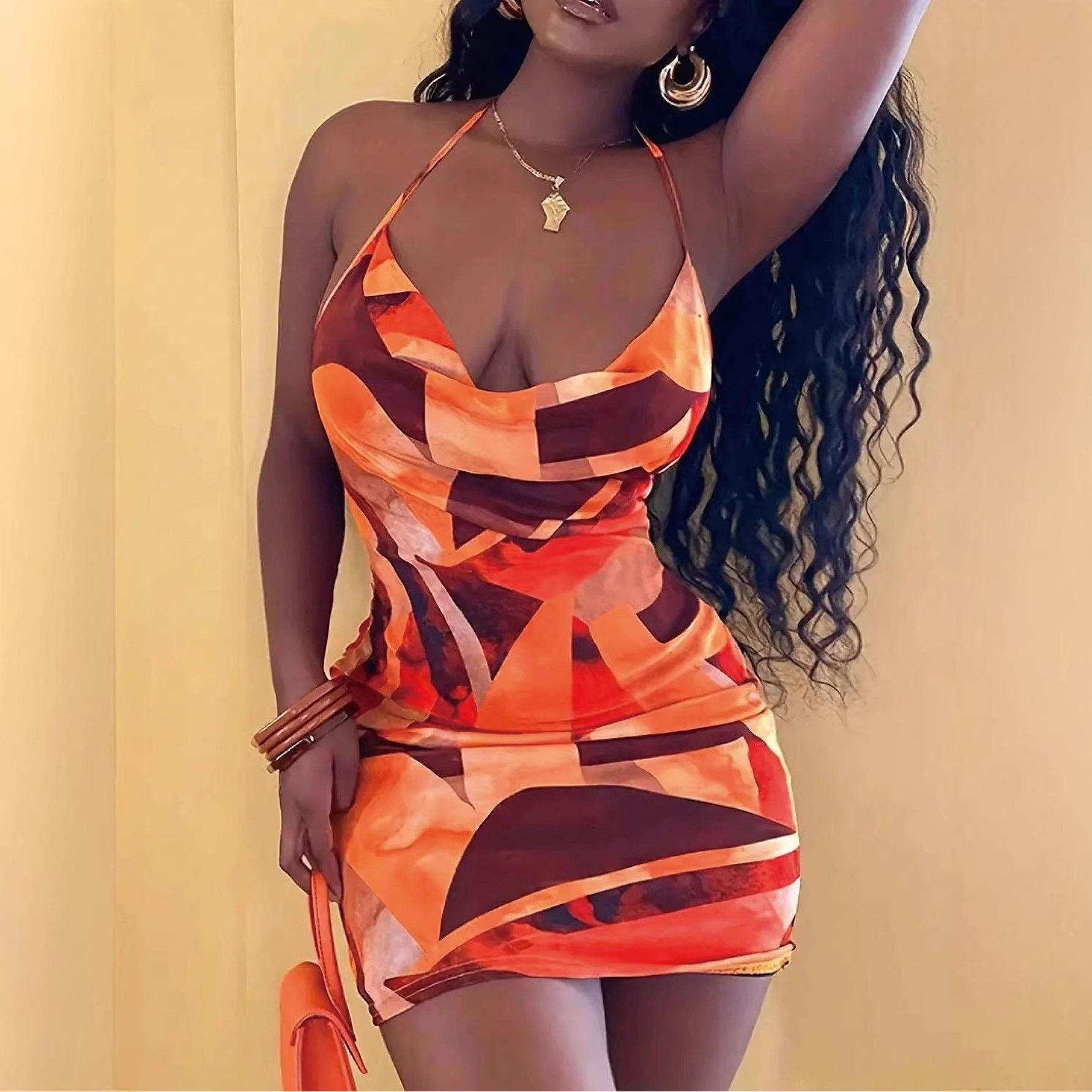 Tie-Dye Halter Bodycon Mini Dress with Cowl Neck