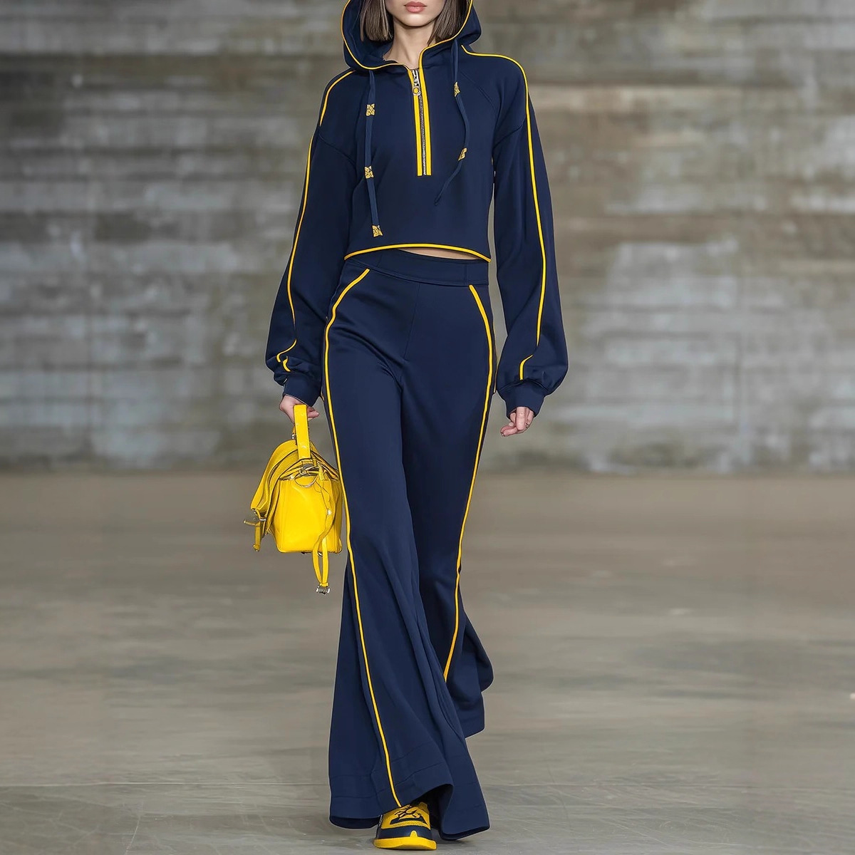 Blue Hooded Top and Flared Pants Set with Yellow Trim
