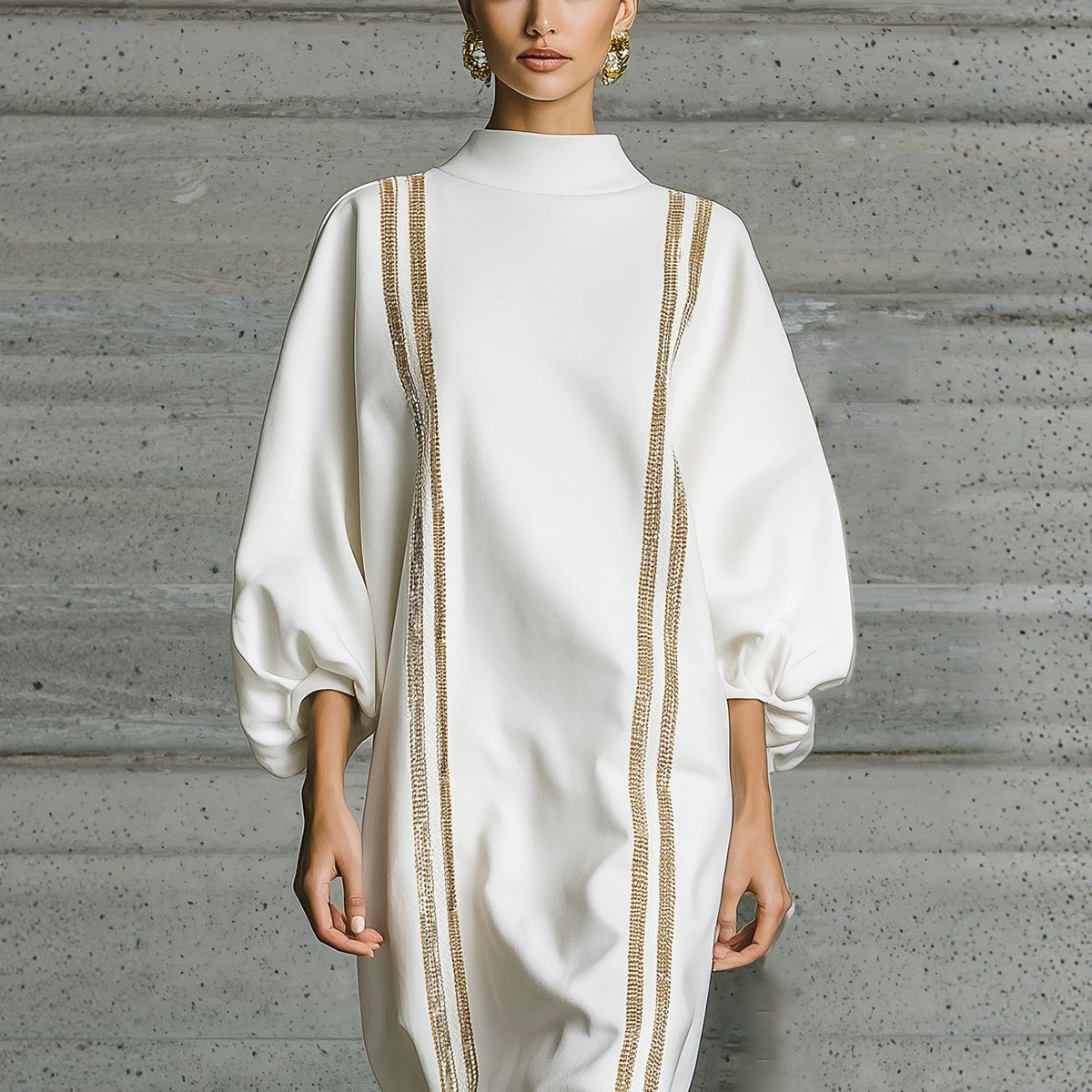 French-Style Half-Turtleneck Lantern-Sleeve Dress with Lace Hem