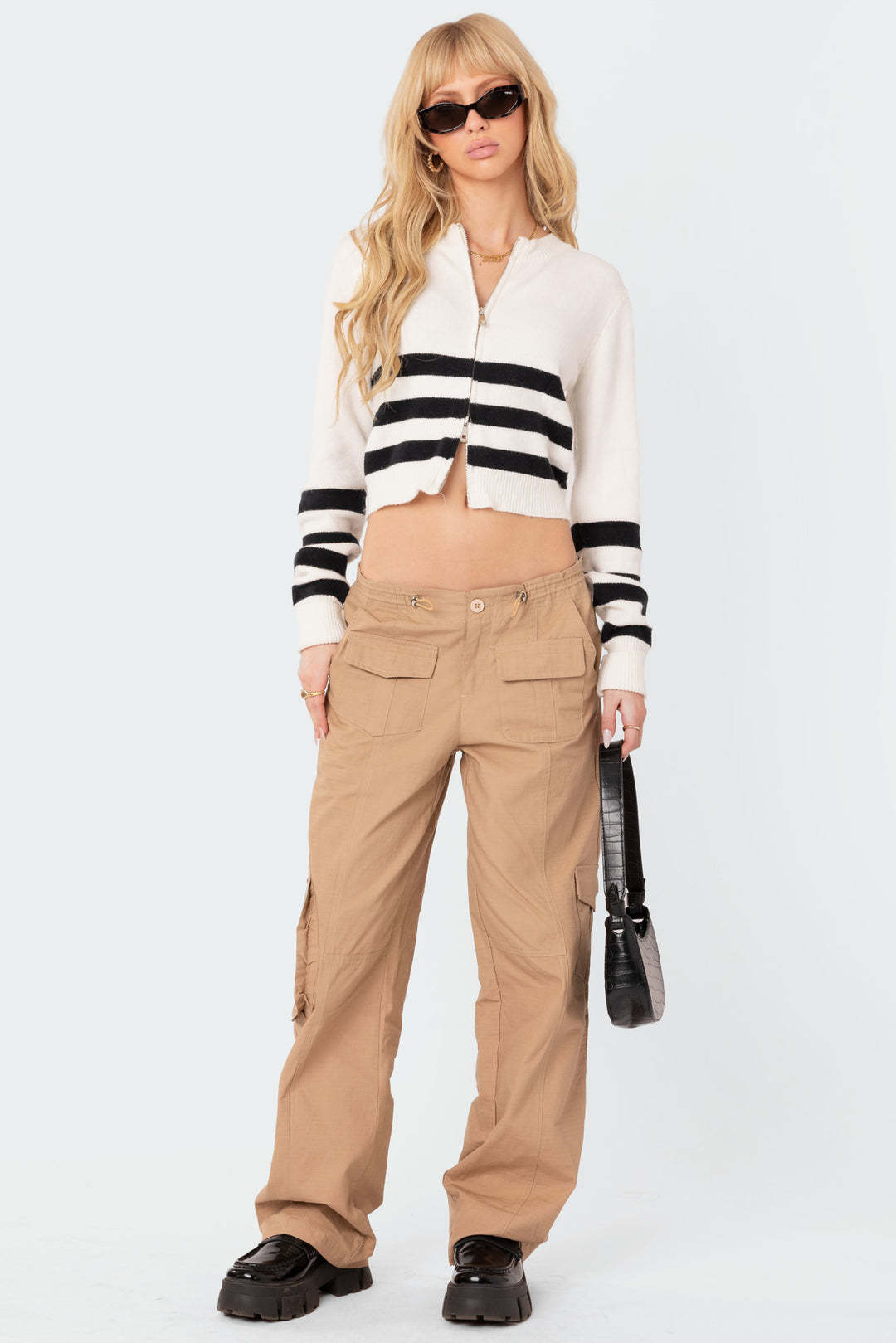 Women's Striped Zip-Up Knit Cardigan Long Sleeve Slim Fit Top