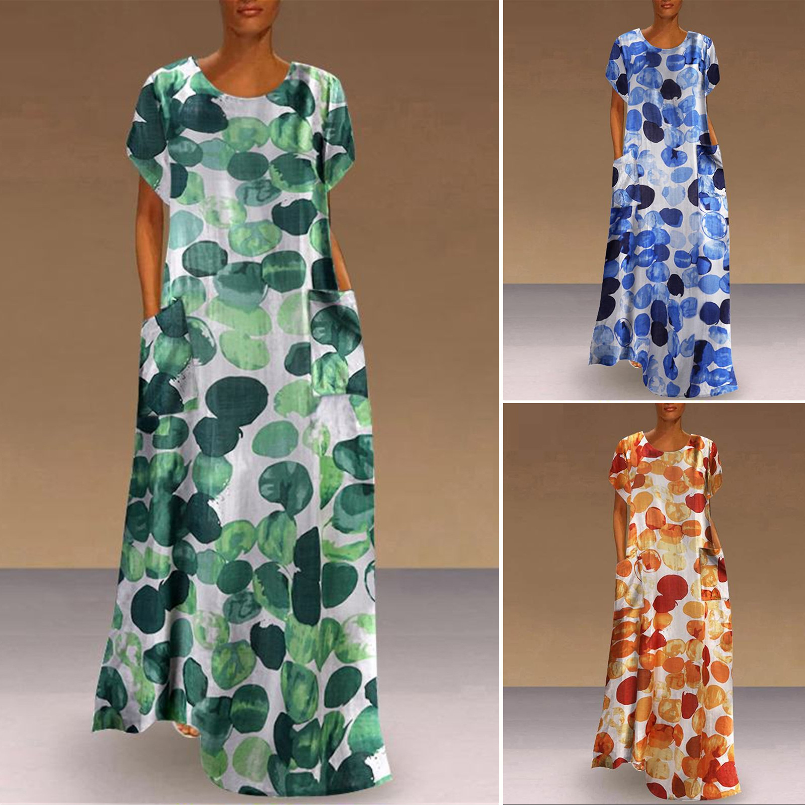 Women's Summer Short Sleeve Printed Casual Long Dress