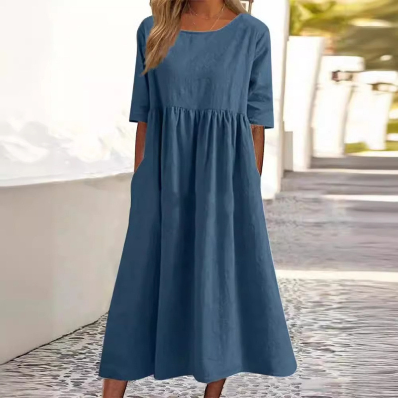 Women's Cotton Linen Round Neck Half Sleeve Loose Long Solid Dress