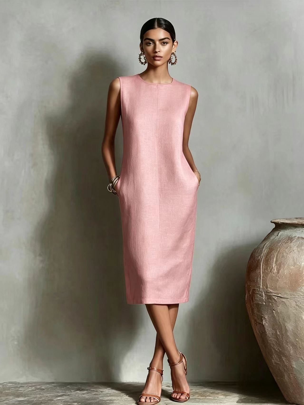Sleeveless Round Neck Side Pocket A-Line Midi Dress