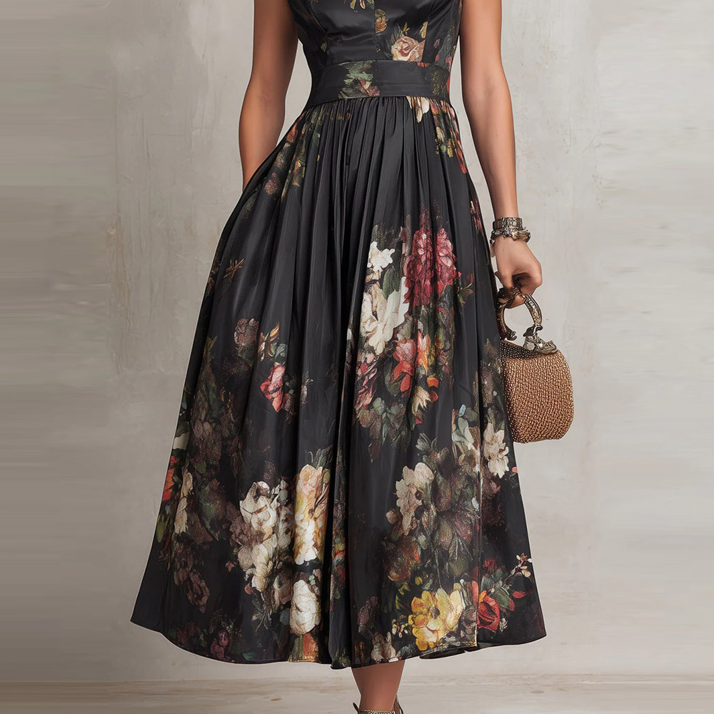 Sleeveless Black Floral Print Maxi Dress with 3D Flowers Slim Fit