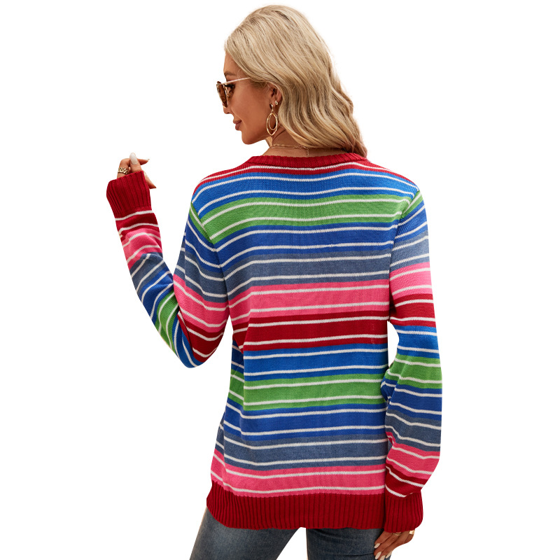 Colorful Striped Crewneck Knit Sweater with Ripped Contrast Details