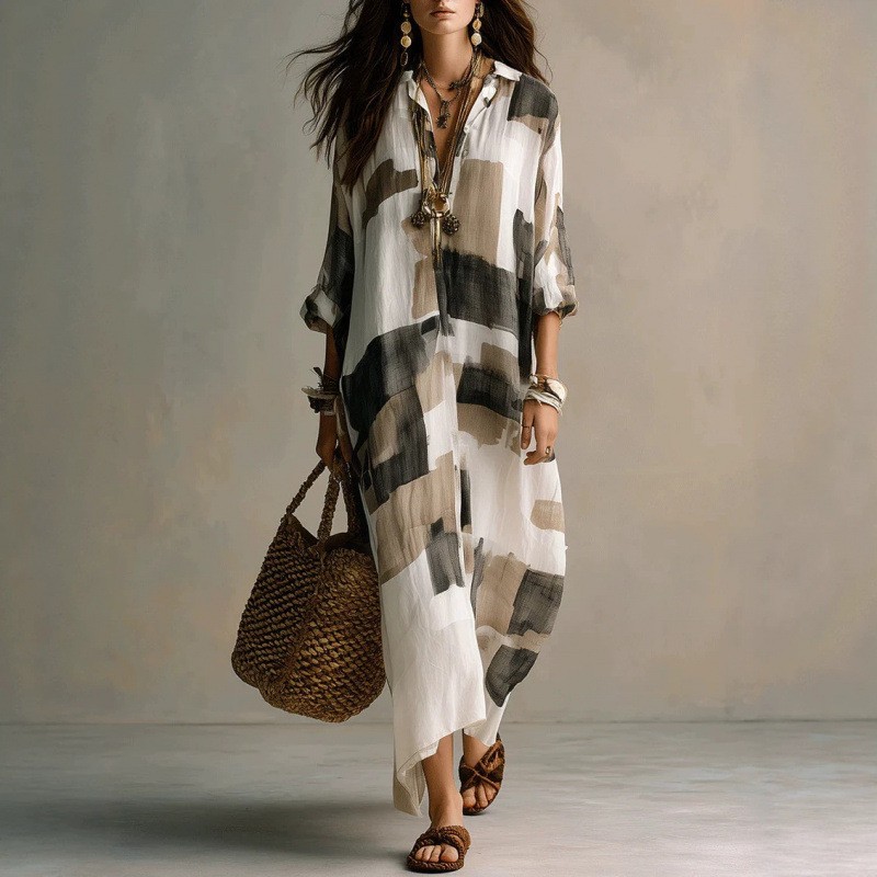 Women's Geometric Print Button-Front Long Sleeve Maxi Dress