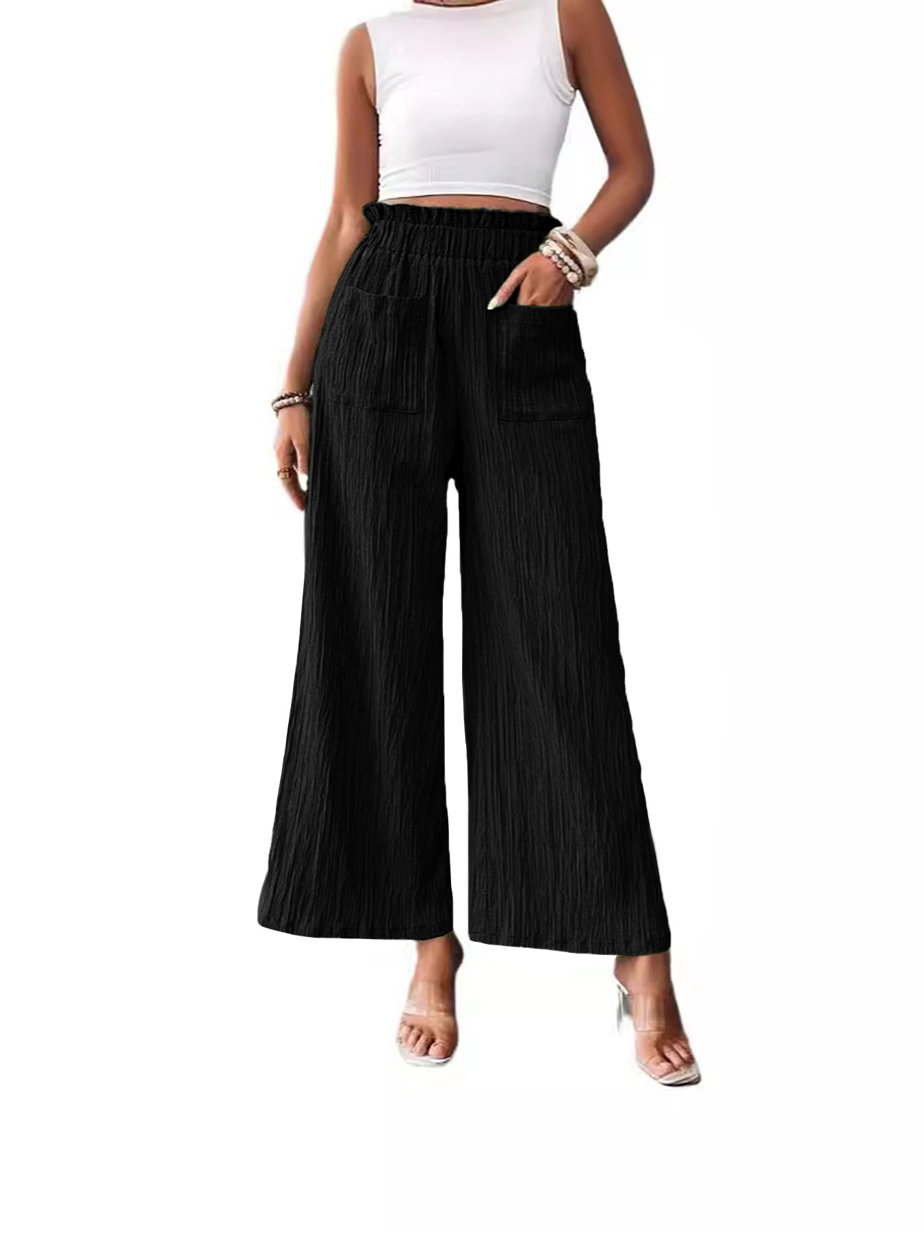 Women's Solid Color Wide-Leg Pants High Waist Loose Casual