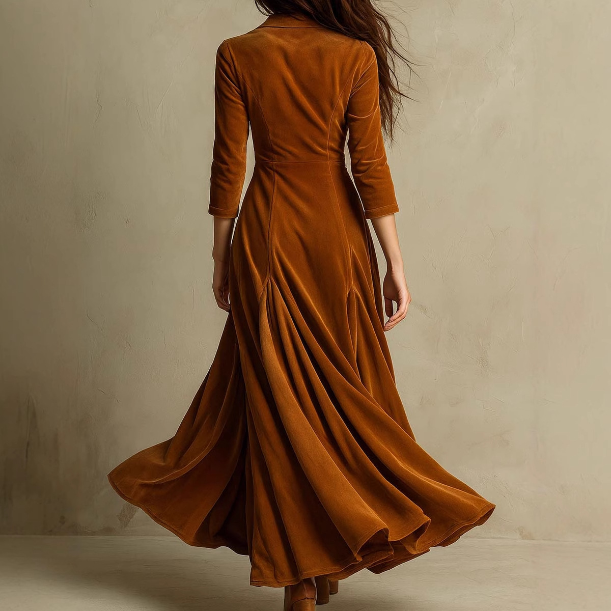 Solid Button Lapel Three-Quarter Sleeve Long Dress with Cinched Waist