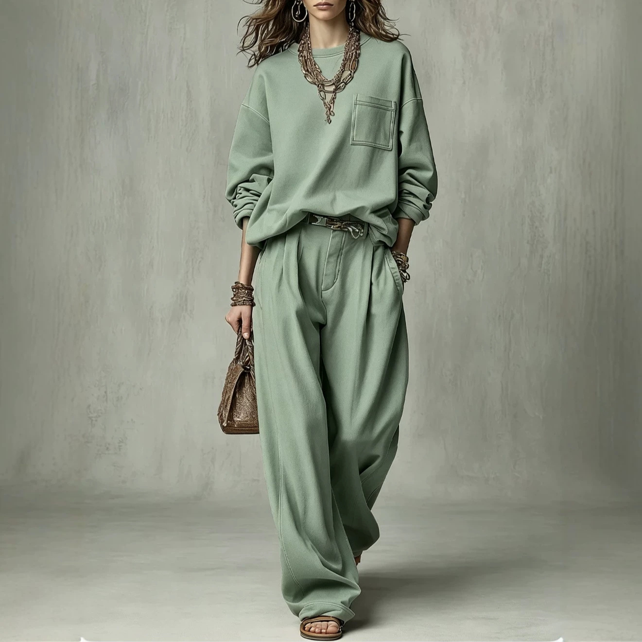 Relaxed Crewneck Sweatshirt & High-Waist Pleated Wide-Leg Pants Set (Belt Not Included)