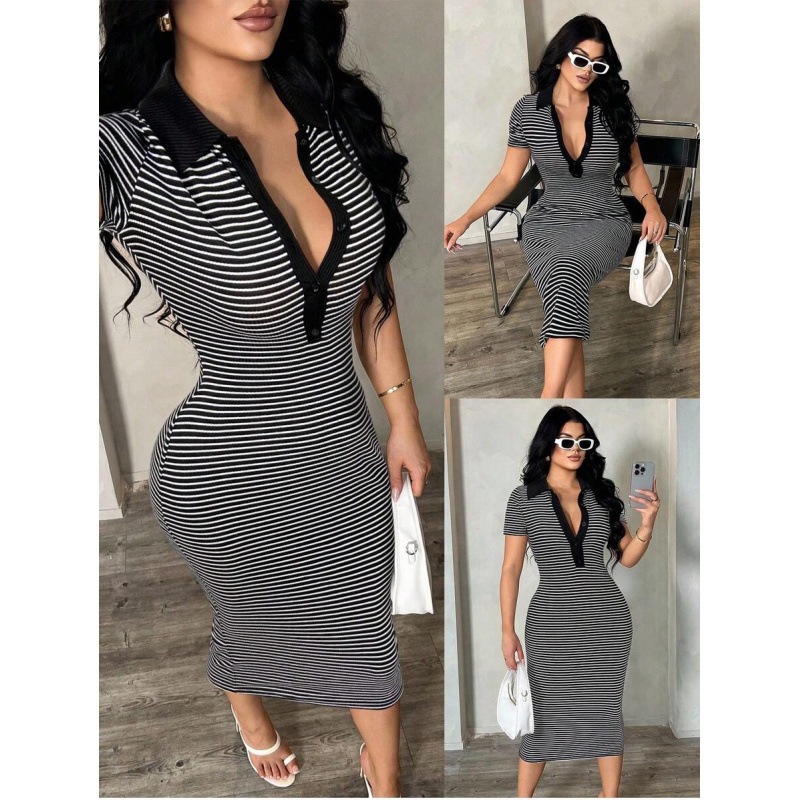 Women's Striped V-Neck Long Sleeve Bodycon Midi Dress